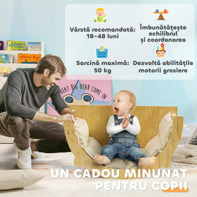 AIYAPLAY Arc Montessori 3 în 1 pentru Copii între 18-48 Luni, Structură de Cățărat, Măsuță și Balansoar cu Pernă