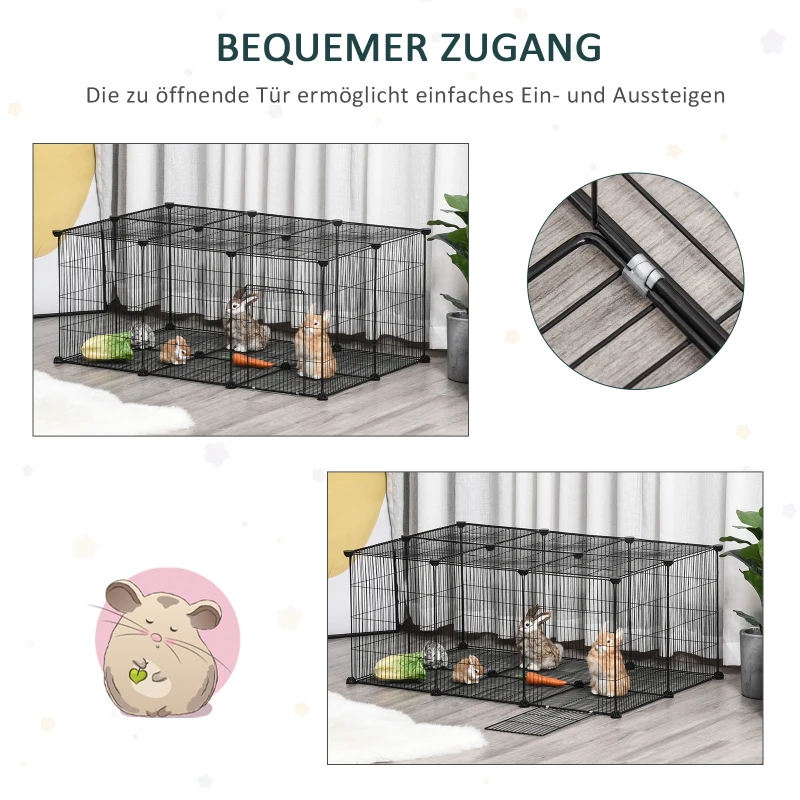 PawHut Kleintiergehege kleintierkäfig Freigehege DIY Metall Kleintiere Multi-Winkel-Verbindungen Anti-Rutsch-Matte öffenbar 22 Platten Schwarz 105 x 70 x 45 cm