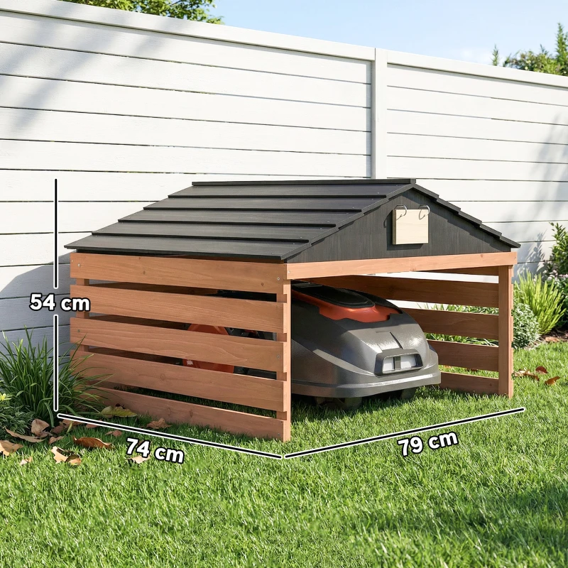 Outsunny Mähroboter Garage Holz Überdachung mit Satteldach wetterfest Garage für Rasenmäher Unterstand 79 x 74 x 54 cm Rotbraun