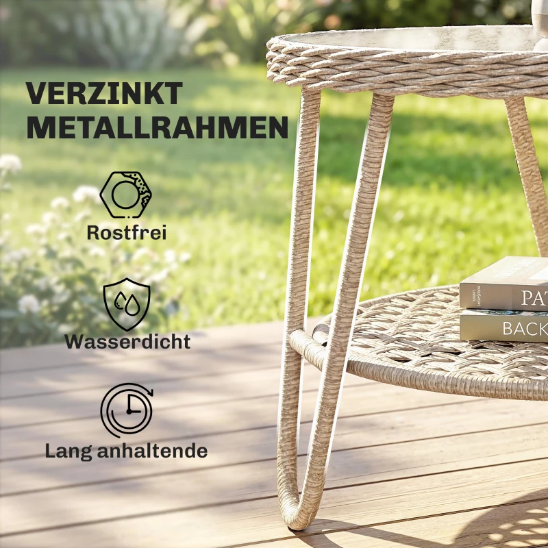 Outsunny Beistelltisch aus Polyrattan 2-stöckiger Kaffeetisch mit Ablage Glasplatte verstellbaren Füßen 65 x 65 x 50 cm Gelb