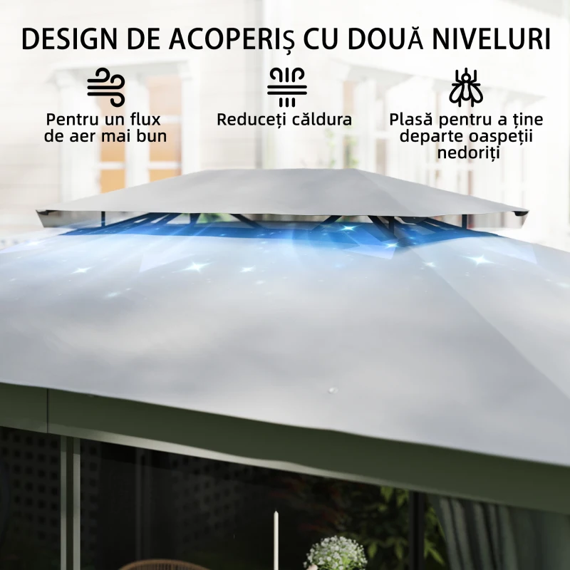 Outsunny Foișor de Grădină cu Acoperiș pe 2 Nivele, Plase de Țânțari și Perdele, din Metal și Poliester, 380x300x270 cm, Gri Închis