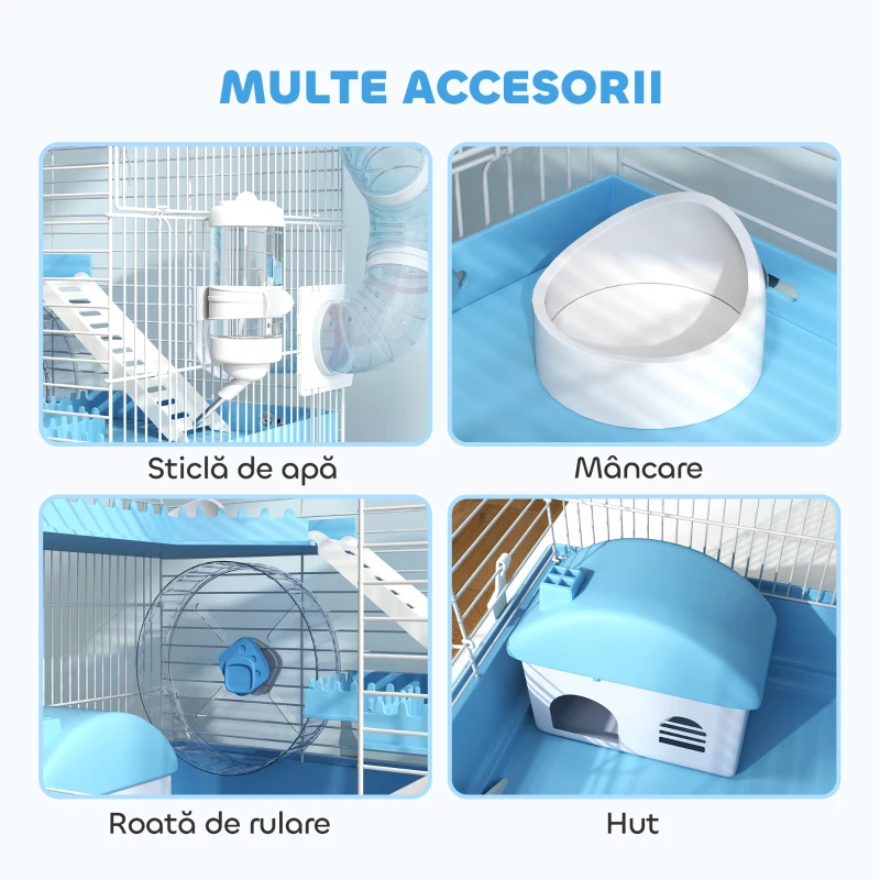 PawHut Cușcă pentru Hamsteri cu 3 Etaje, Căsuță, Roată, Bol pentru Mâncare, Sticluță și Tuburi, Albastru