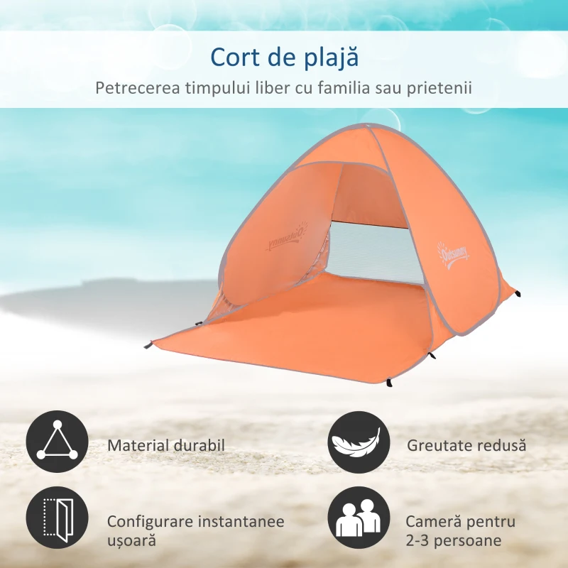 Outsunny Cort de Plajă Pop-Up cu Protecție UV 30+ și Geantă de Transport, 200x150x119 cm, Portocaliu
