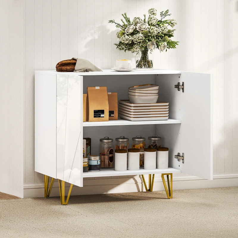 HOMCOM Aparador para Sala Aparador de Entrada com 2 Portas e Prateleiras Ajustáveis para Cozinha Sala 80x40x75 Branco Brilhante