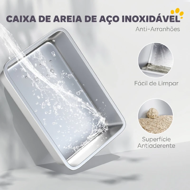 PawHut Caixa de Areia XL em Aço Inoxidável para Gatos, Fechada, com Tampa Rebatível, Bordo Alto, Pá e Sistema Anti-fugas, Cinzento-claro