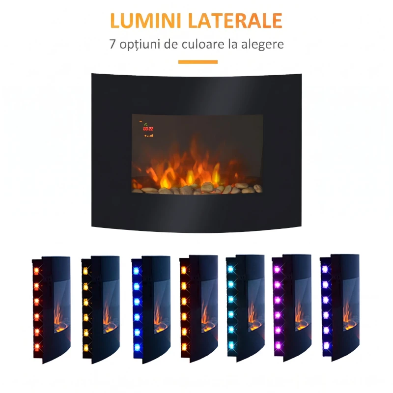 HOMCOM Șemineu Electric de Perete cu 2 Nivele de Încălzire 900-1800W, Flacără 7 Culori Reglabile și Telecomandă, Negru