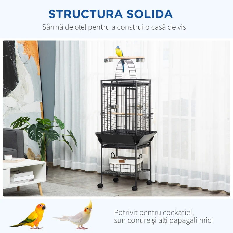 PawHut Colivie pentru Peruşi cu 2 Stinghii și Scară în Arc, din Oțel, 62,5x62,5x156 cm, Gri