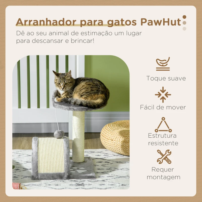 PawHut Arranhador para Gatos de 2 Níveis com Poste e Tapete de Arranhar Cama e Bola Suspensa 35,5x37x46 cm Cinza