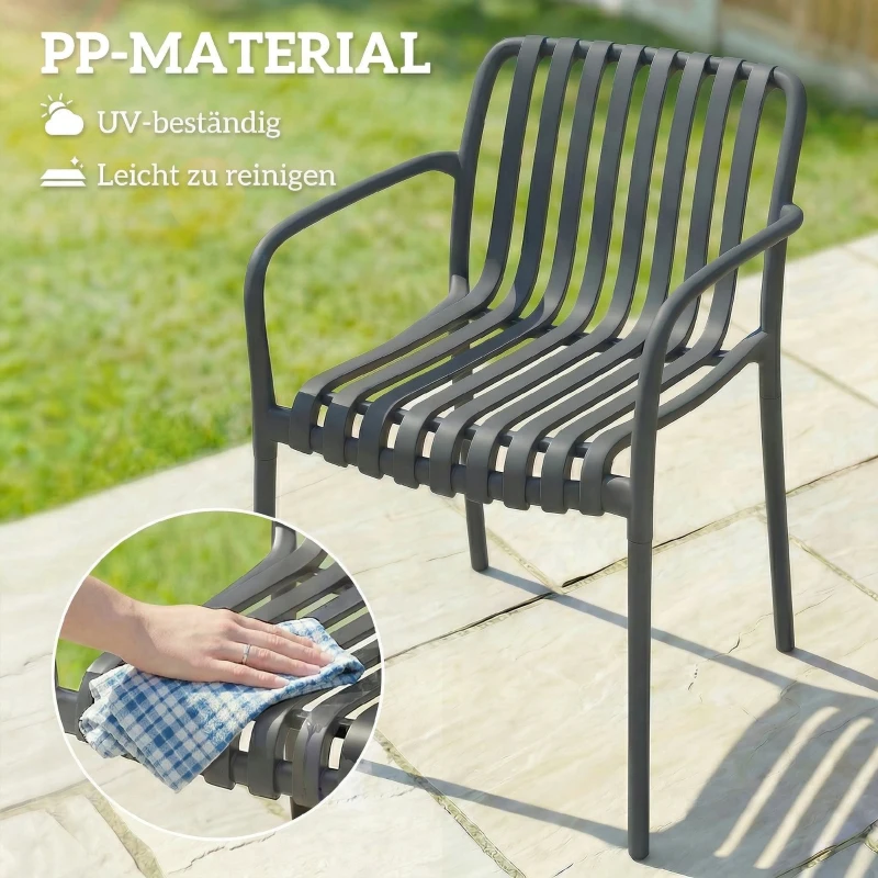 Outsunny Gartenstühle 4er Set Stapelbare Terrassenstühle mit Lamelldesign Armlehnen, Ergonomisch Dunkelgrau