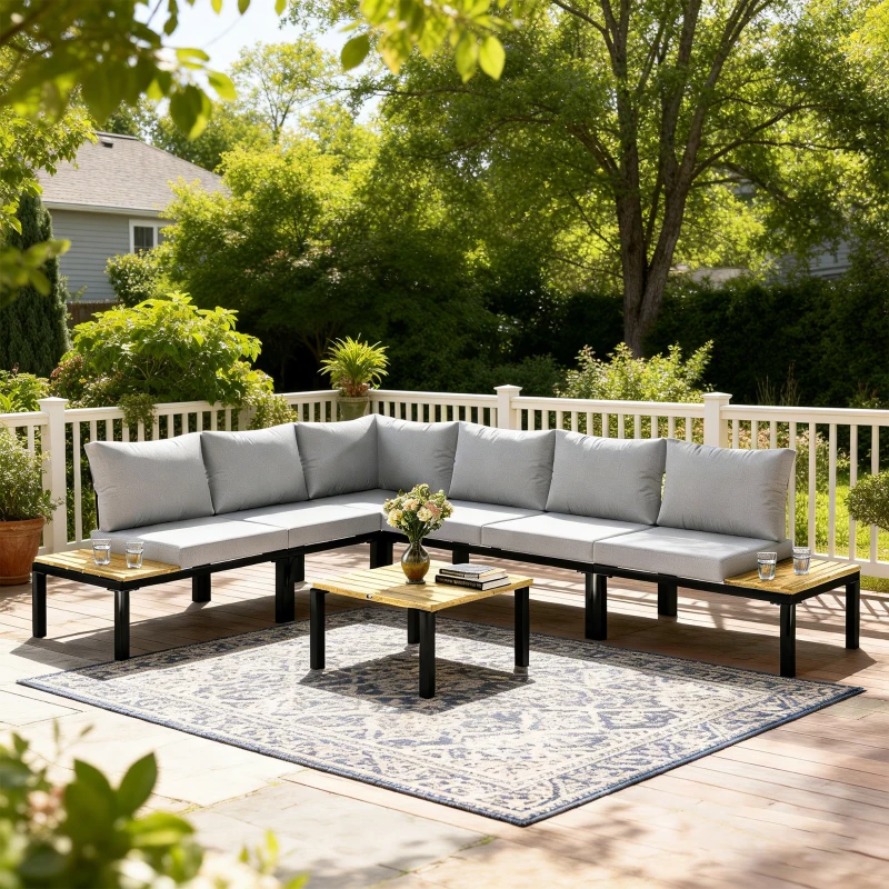 Outsunny Salon de Jardin Modulaire 6 Pièces Ensemble Canapé Extérieur Transformable en Lit Table Basse et Plateaux Latéraux Gris