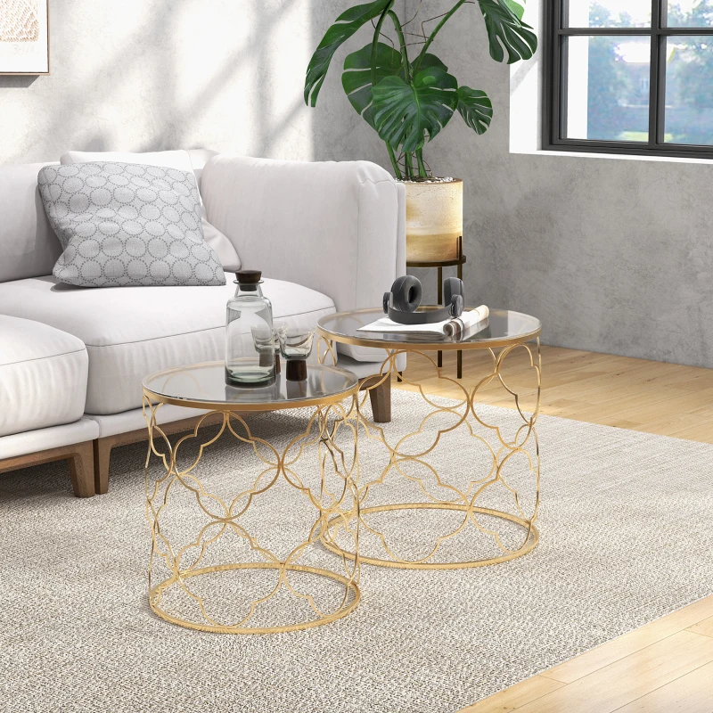 HOMCOM Set de 2 mese de living suprapozabile art deco din metal cu blat din sticlă, auriu