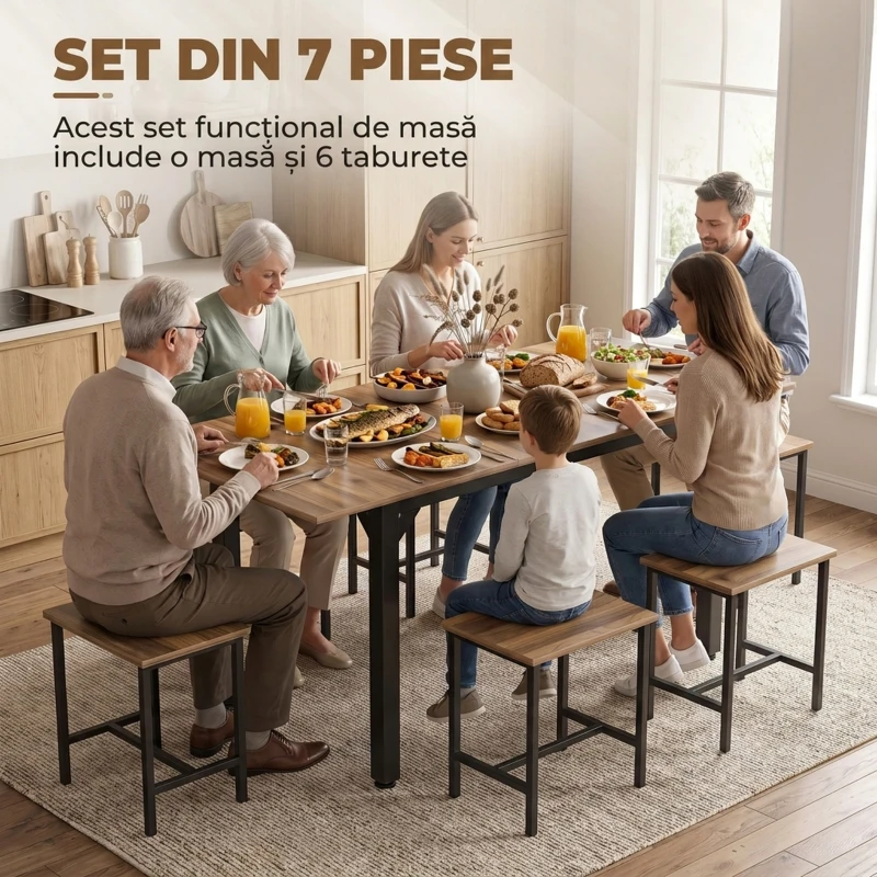 HOMCOM Set masă dining masă extensibilă 120-160 cm și 6 scaune, picioare din oțel, PAL, living, bucătărie, maro si negru