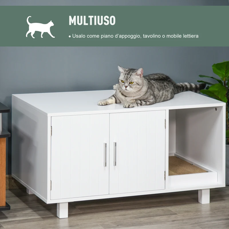 PawHut Mobile per Lettiera Gatti in Legno con 2 Ante e Apertura Laterale con Tiragraffi, Bianco