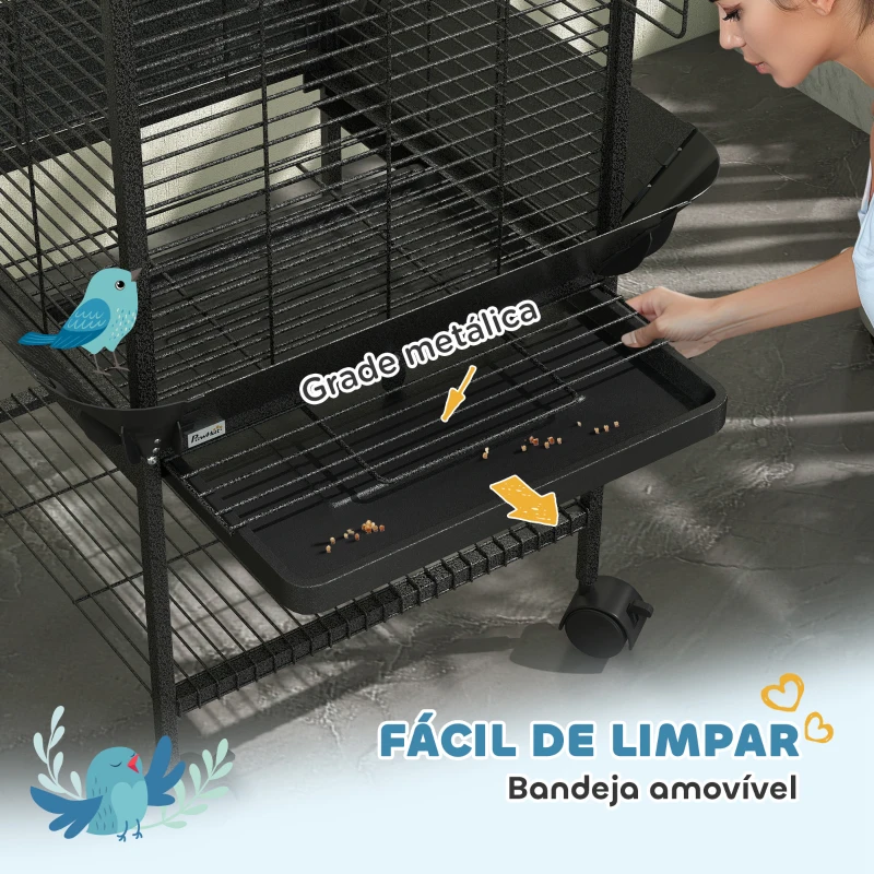 PawHut Gaiola para Pássaros com Rodas Poleiros Comedouros Prateleira e Bandeja Amovível 62,5x62,5x146 cm Cinza Escuro