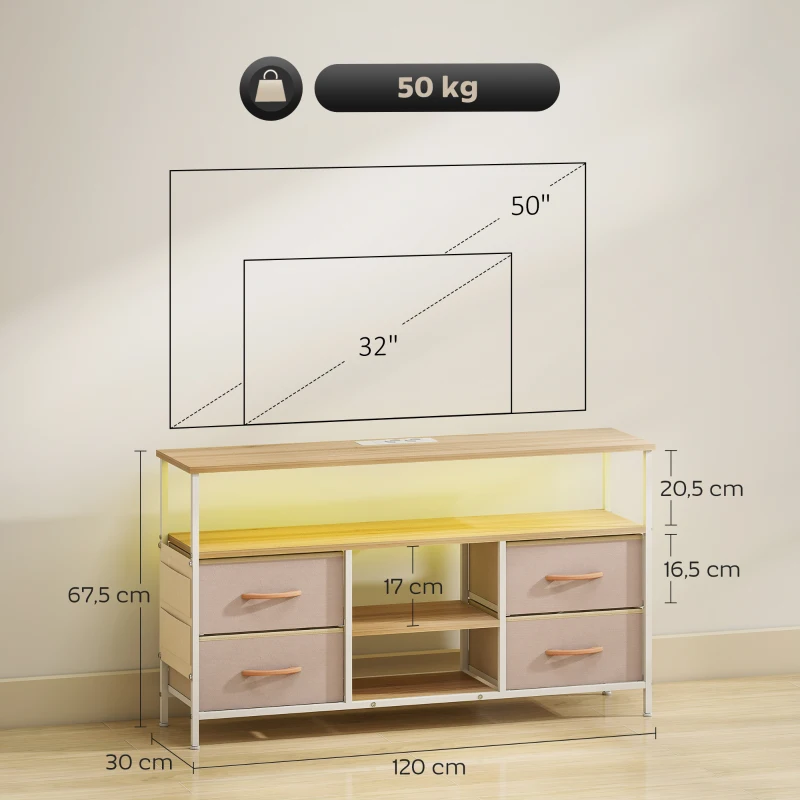 HOMCOM Móvel de TV com Luz LED Tomadas Portas USB 4 Gavetas de Tecido para Televisão até 50 Polegadas 120x30x67,5 cm Bege e Madeira