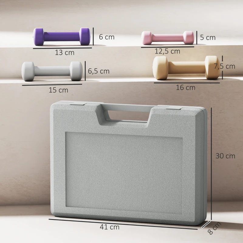 HOMCOM Conjunto de Halteres de 8 Peças 2x0,5 kg 2x1 kg 2x1,5 kg 2x2 kg Antiderrapantes com Mala de Transporte Multicoloridos