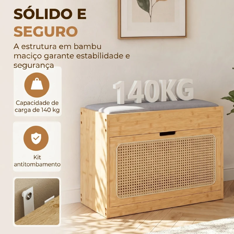 HOMCOM Banco Sapateira de Entrada com Assento Acolchoado Gaveta Basculante Porta de Vime 63x29x48 cm Madeira e Cinzento