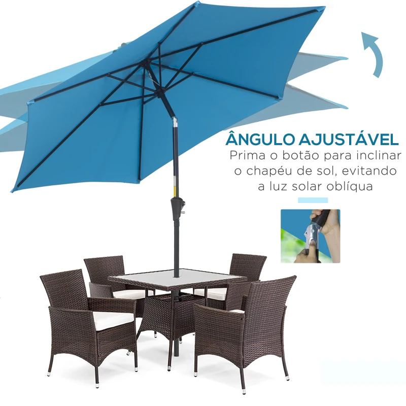 Outsunny Chapéu de Sol de Jardim Ø260x235 cm Chapéu de Sol Reclinável com Manivela Mastro Desmontável em Alumínio e 6 Varetas de Metal  Azul