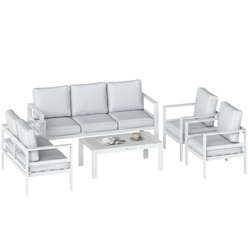 Outsunny Set Canapea de Grădină din Aluminiu cu 2 Fotolii, Masă Efect Lemn, 192x66x65 cm, Alb