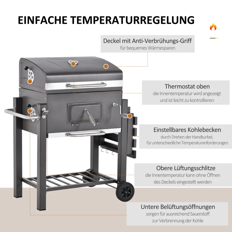 Outsunny Grillwagen Holzkohlegrill Grill BBQ Standgrill Holzkohle Kohlegrill Gartengrill, Edelstahl+Eisen Schwarz 115 x 56 x 108 cm