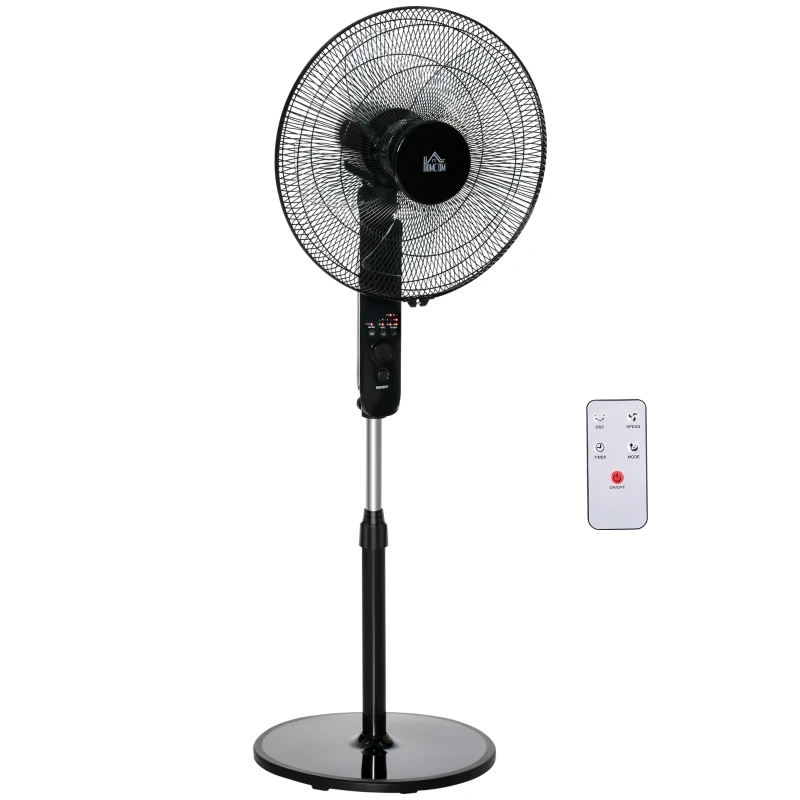 HOMCOM Standventilator mit Fernbedienung, Höhenverstellbarer Ventilator, 70° Oszillierender Lüfter, 3 Geschwindigkeitsstufen, Verstellbarer Neigungswinkel, 7,5h Timer, Ø44,5 x 110-124 cm, Schwarz