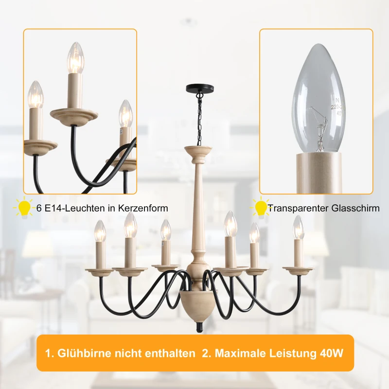 HOMCOM Kronleuchter Hängelampe 6-flammig Pendelleuchte mit Glas königlich traditionell klassisch mit 6 Armen, Stahl, Schwarz+Holzfarbe, 60x60x105 cm