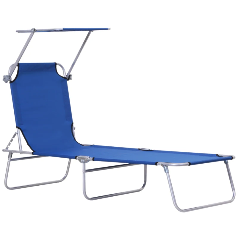 Outsunny Espreguiçadeira de Jardim Dobrável com Toldo e Encosto Reclinável para Jardim Terraço Campismo 187x58x36cm Azul