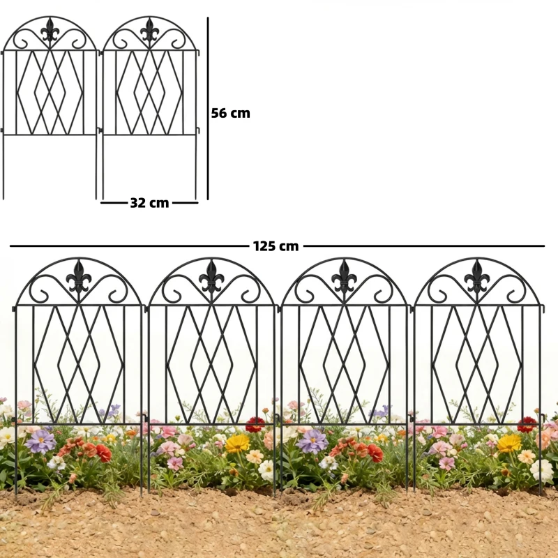 Outsunny Conjunto de 4 Cercas de Jardim Metálicas 125x56 cm com Design Arqueado Resistentes e Fáceis de Instalar para Pátio Relvado Preto