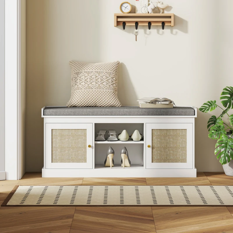 HOMCOM Banco Sapateira com Assento Acolchoado Portas em Vime e Prateleira Aberta para 9 Pares de Sapatos 105x35x47 cm Branco