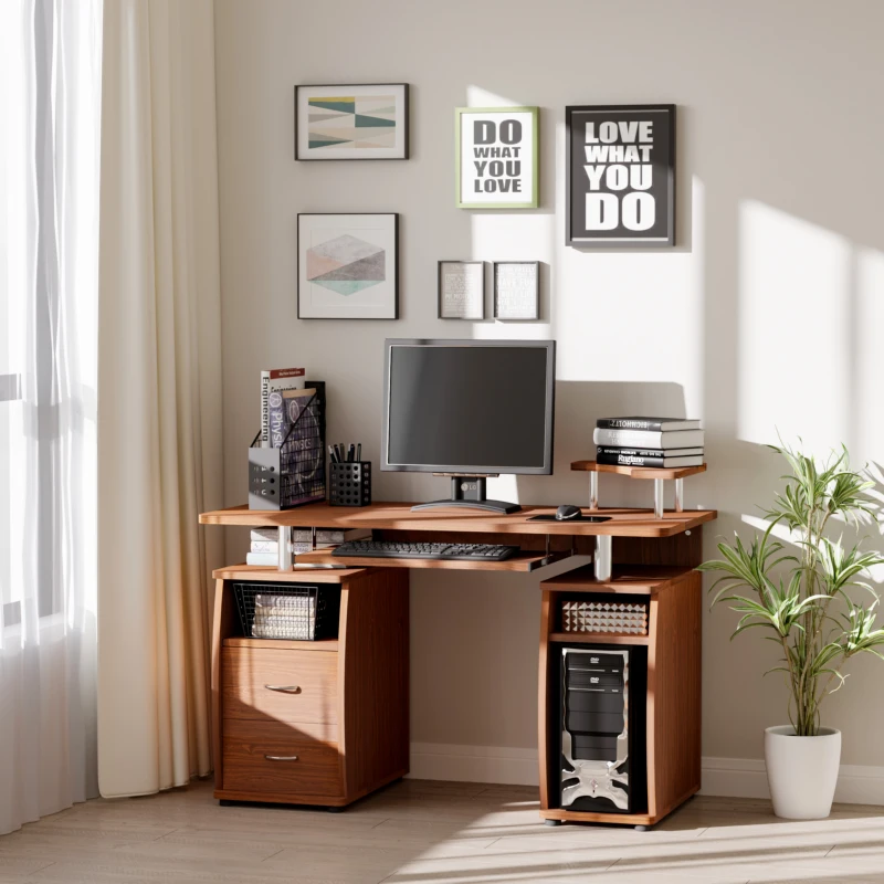 HOMCOM Computertisch Schreibtisch Bürotisch PC Tisch Arbeitstisch Home Office reichlich Stauraum 2 Schubladen Druckregal Walnuss 120 x 55 x 85 cm