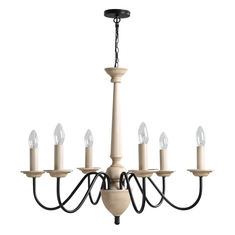 HOMCOM Kronleuchter Hängelampe 6-flammig Pendelleuchte mit Glas königlich traditionell klassisch mit 6 Armen, Stahl, Schwarz+Holzfarbe, 60x60x105 cm