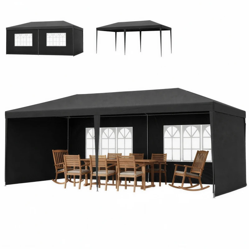 Outsunny Tenda de Jardim 6x3m com 4 Paredes Laterais e 2 Janelas Visíveis Pérgola Gazebo de Exterior para Festas e Eventos Cinzento