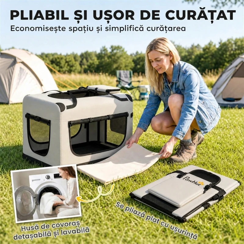 PawHut Transportor Moale Pliabil pentru Câini Mici și Medii, cu Bol, din Țesătură Oxford, Gri Deschis
