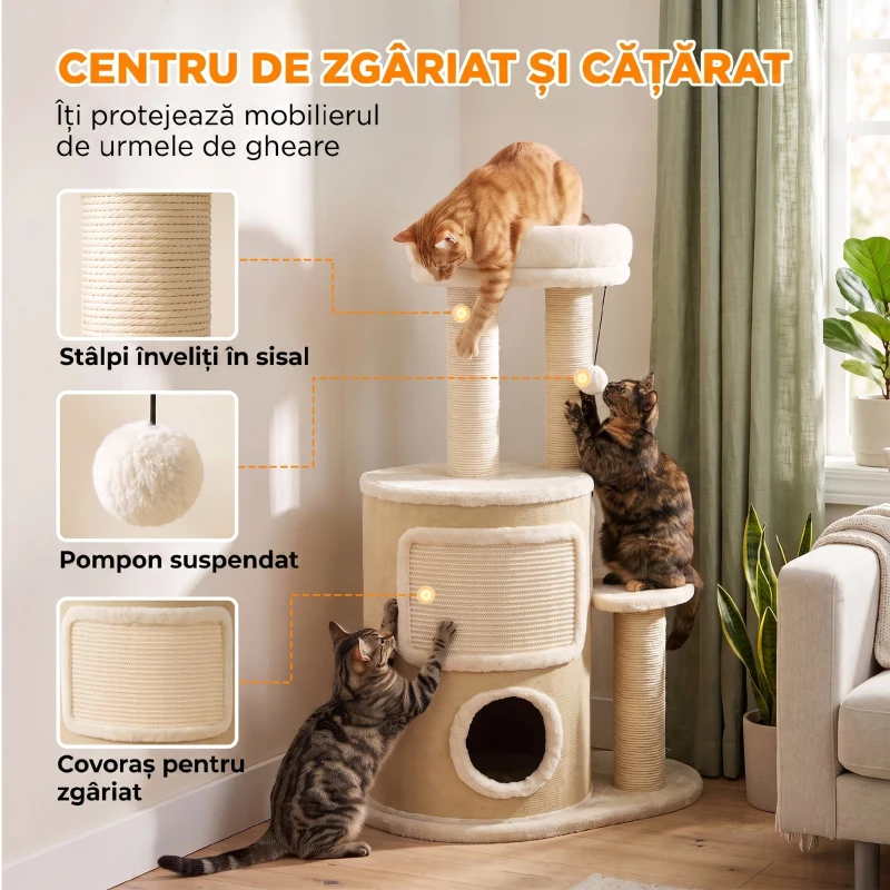 PawHut Ansamblu Joacă Pisici cu Sisal, Turn Multinivel 90 cm cu Culcuș și Platforme, 55x39x90 cm, Bej