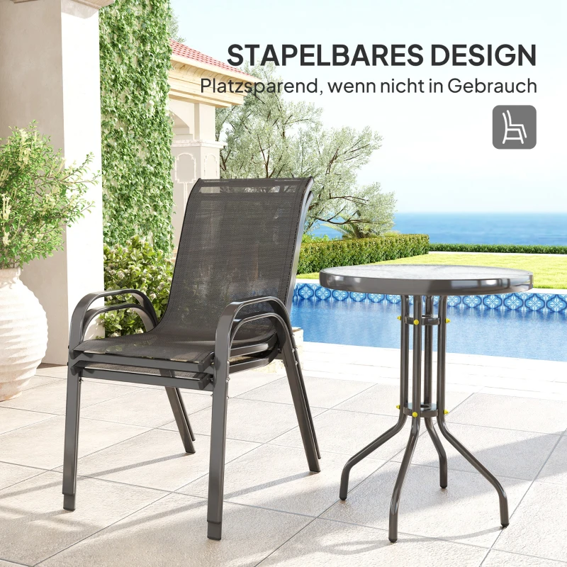 Outsunny Bistro-Set 3-teilig Wetterfest Gartenmöbel Set mit Glastisch Stapelbare Gartenstühlen Schwarz