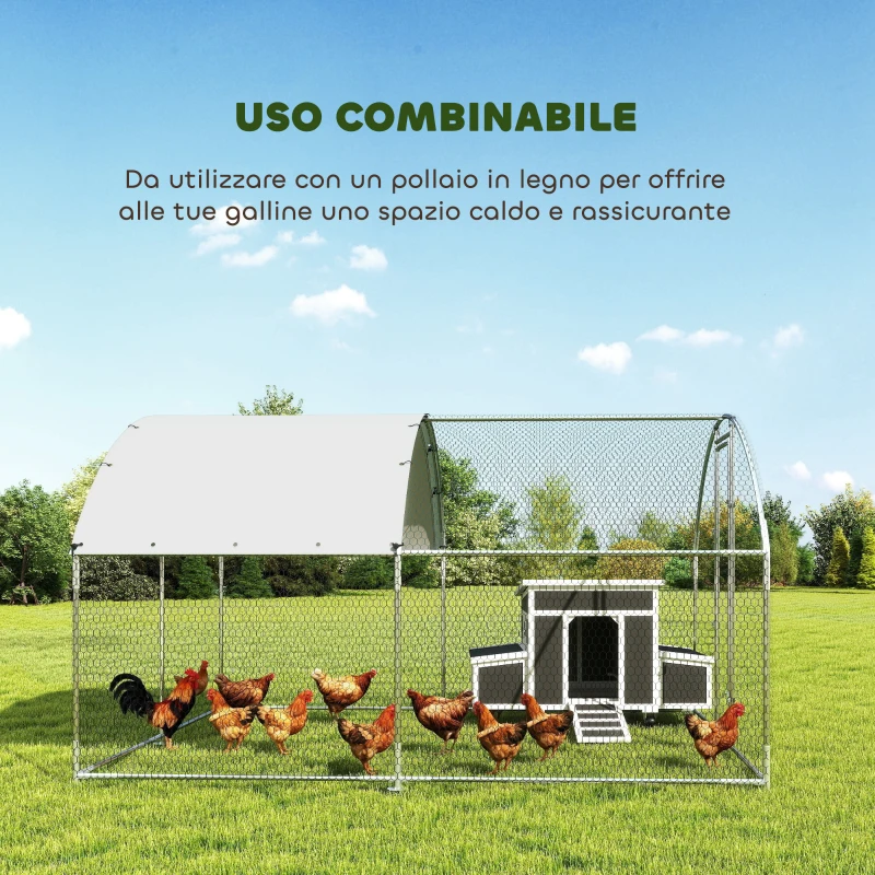 PawHut Pollaio per Galline da Esterno con Tetto Impermeabile e Serratura, in Acciaio Zincato, 2.8x3.4x1.9 m, Argento