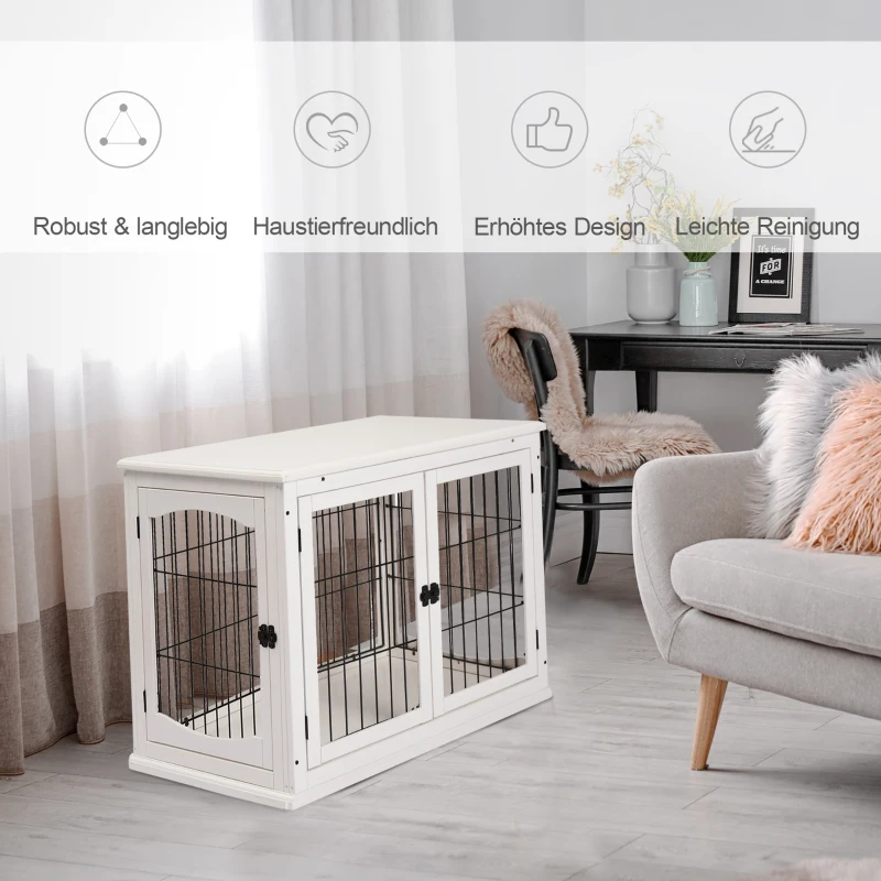 PawHut Transportbox für Hunde 58,5 cm x 81 cm x 66 cm Türen, MDF-Holz Eisen, 58, 5 cm x 81 cm x 66 cm, Weiß