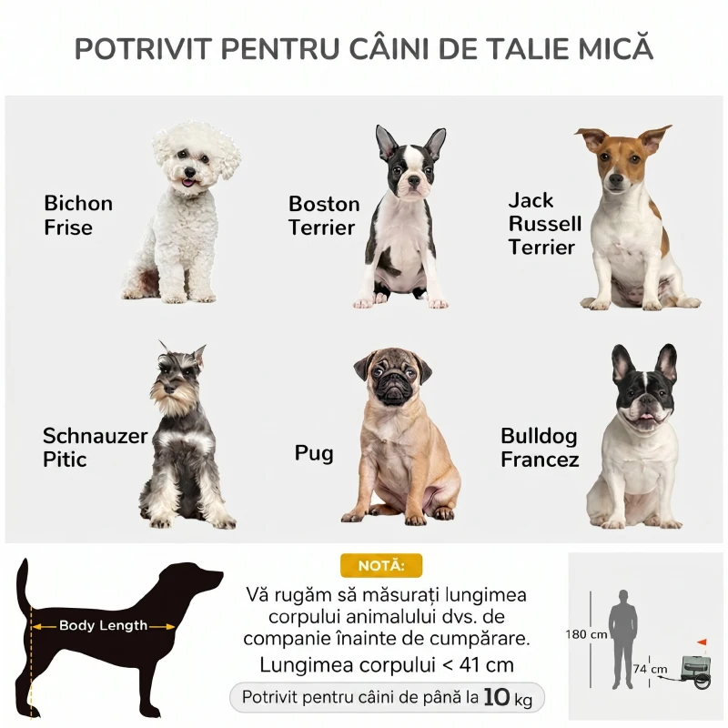 PawHut Remorcă 3 în 1 pentru câini cu căsuță detașabilă și steguleț pentru câini de talie mică, gri
