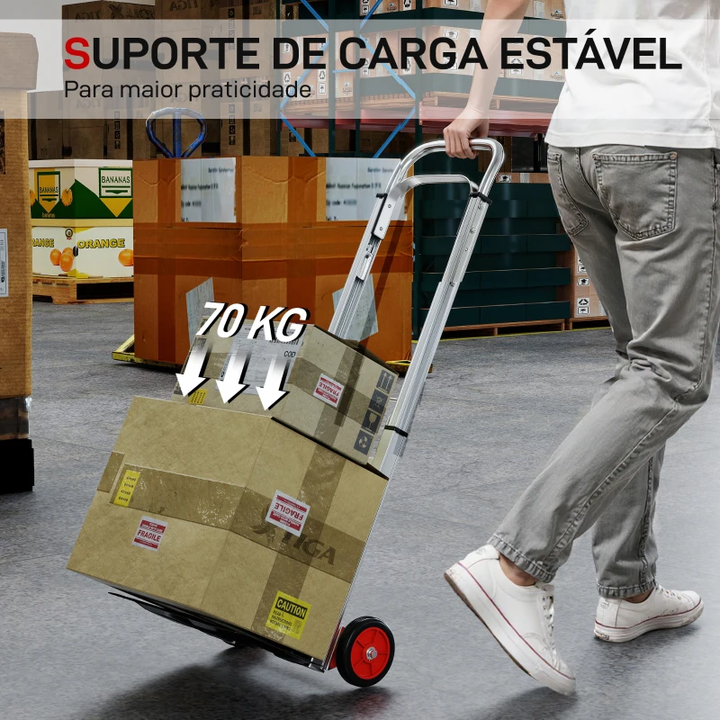 HOMCOM Carro de Transporte Dobrável de Alumínio com Cabo Telescópico Ajustável Carga 90 kg 40x41x108 cm Prateado e Preto