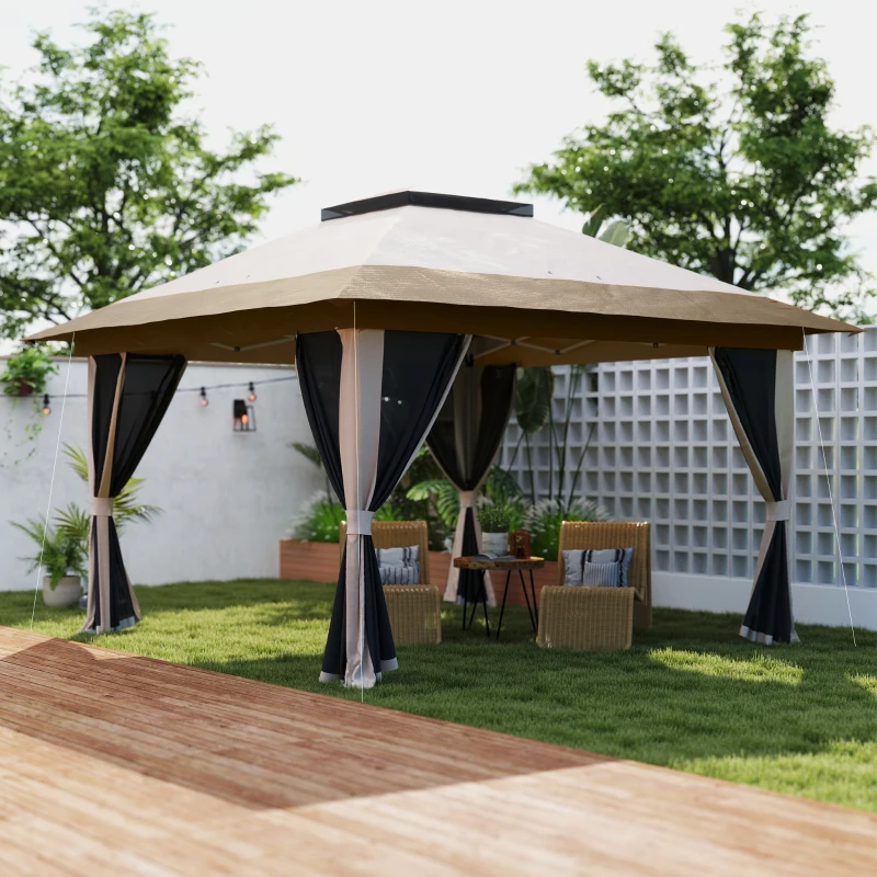 Outsunny Tenda Dobrável 3,6x3,6 m com Laterais de Rede UPF50+ Altura Ajustável Bolsa com Rodas e Sacos de Areia Bege