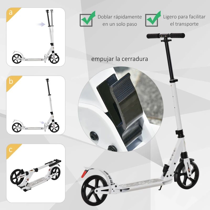 HOMCOM Patinete Plegable Scooter con Manillar Altura Ajustable Patinete Ligero para Adultos y Niños (más de 14 años) Tipo Monopatín con Tubo de Aluminio Freno Grandes Ruedas Ø200 mm Carga 100kg