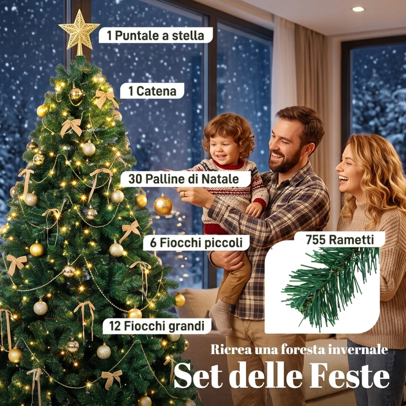 HOMCOM Albero di Natale Artificiale 180cm con 240 Luci LED, 755 Rami in PVC, Stella, Palline, Fiocchi, Verde