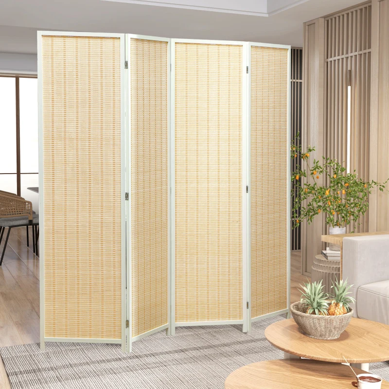 HOMCOM Biombo de 4 Painéis Dobrável Separador de Ambientes Tecido a Mão de Bambu e Fio de Algodão 180x180 cm Branco