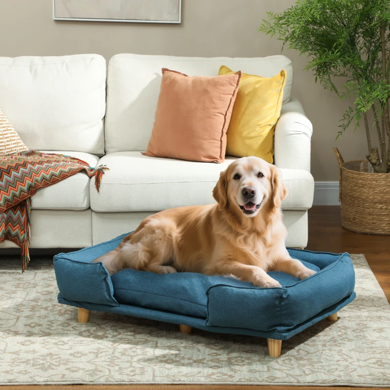 PawHut Hundesofa, Haustiersofa, Haustierbett, abnehmbares u. waschbares Polster, Natur+ Dunkelblau