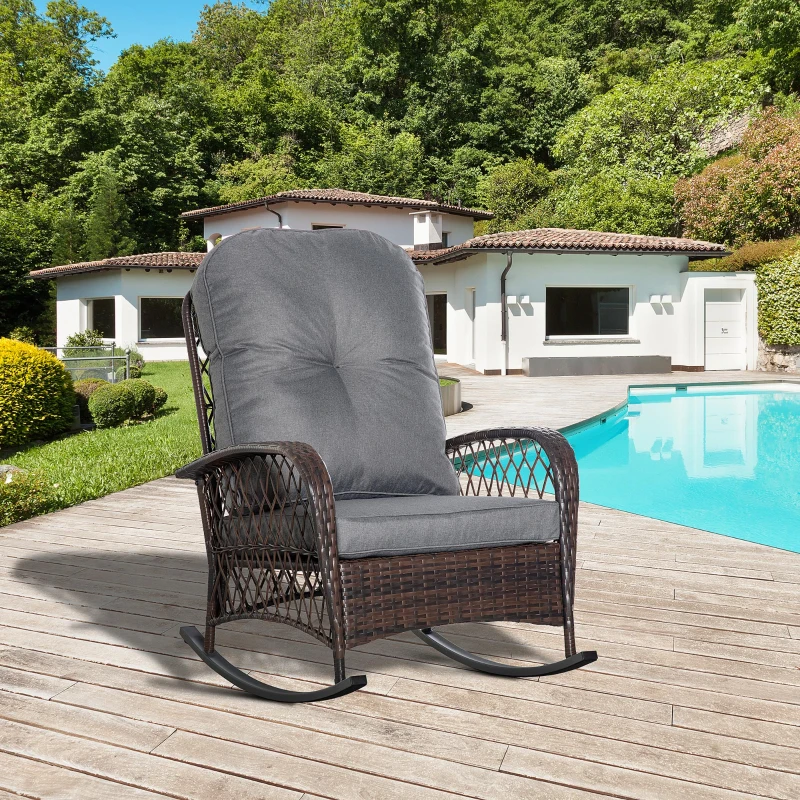 Outsunny Schaukelstuhl Polster mit Knopfheftung PE-Rattan Stahl Braun + Grau
