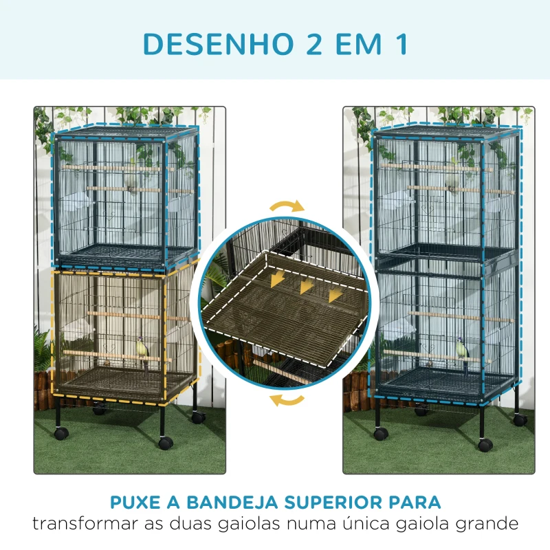 PawHut Gaiola para Pássaros com Rodas de 2 Níveis  com Bandejas Removíveis Portas Comedouros Poleiros 51,5x50x140 cm Preto