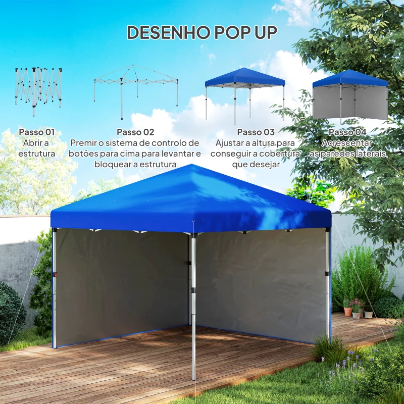 Outsunny Tenda Dobrável Pop-up 3x3 m com 2 Laterais Anti-UV Altura Ajustável Sacos de Areia e Saco de Transporte Azul
