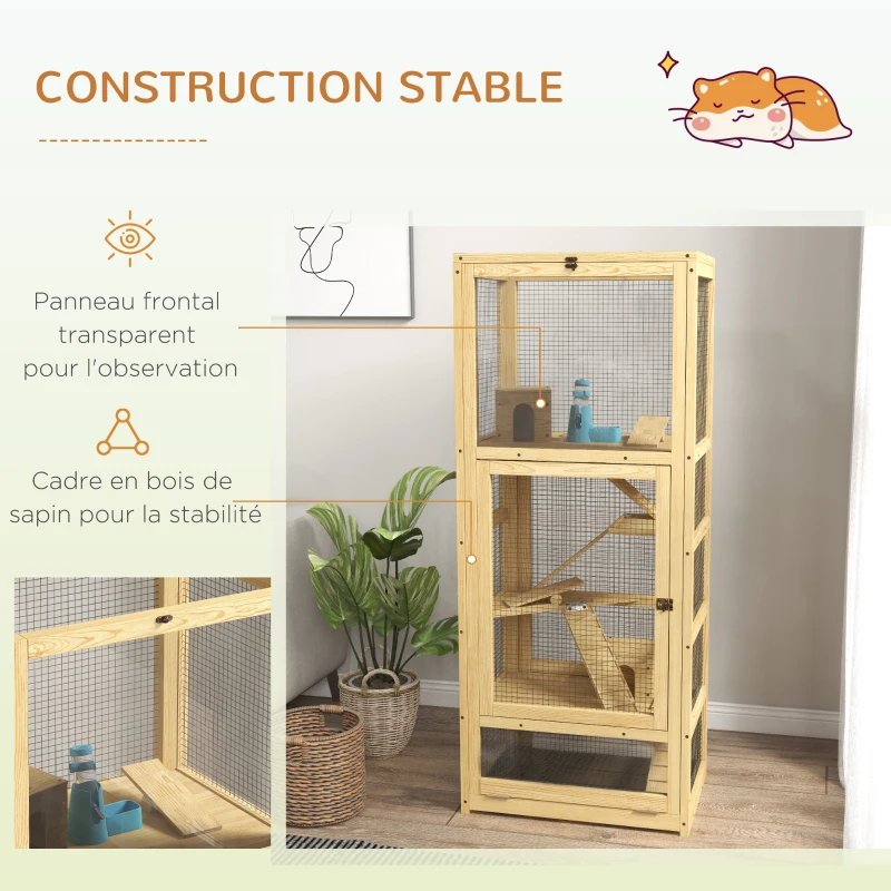 PawHut Cage pour hamsters ou petits animaux en bois 5 niveaux avec échelle niche balançoire 54 x 38 x 131 cm naturel
