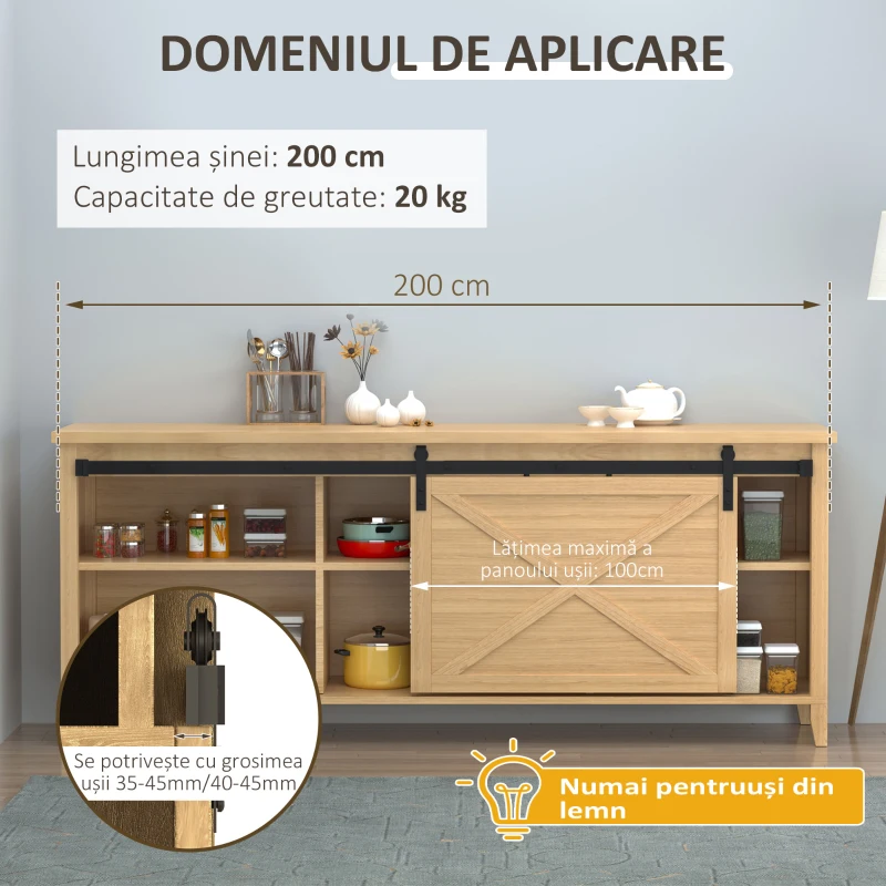 HOMCOM Kit pentru ușă glisantă din lemn cu șină de 200cm și capacitate de 20kg, negru