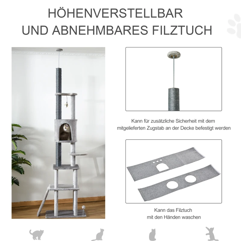 PawHut Kratzbaum Deckenhoch Höhenverstellbar 225-255 cm Katzenturm mit 6 Ebenen 3 Höhlen Katzenspielzeug Kratzbrett Katzenkratzbaum für mittelgroße Katzen, Hellgrau
